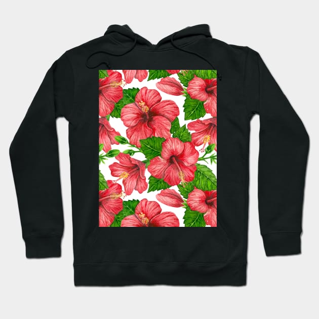 Red hibiscus watercolor pattern Hoodie by katerinamk